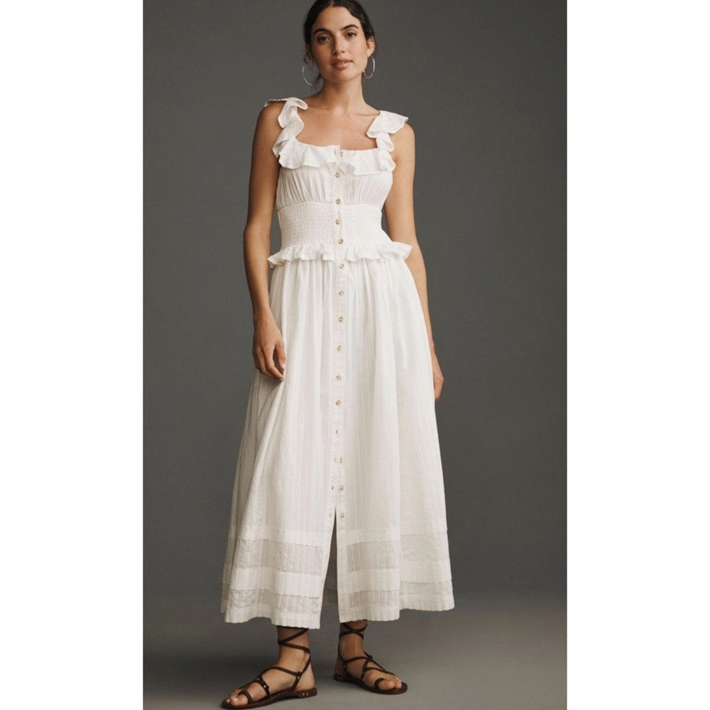 Pilcro White Ruffled Smocked Waist Button Front Midi Dress Womens M Excellent
